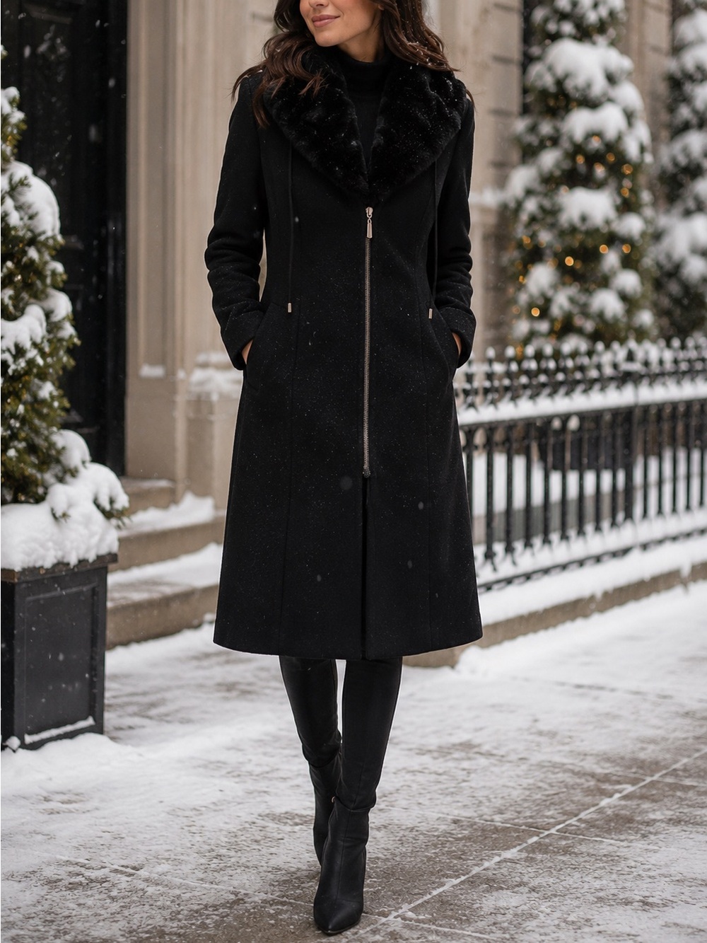 Damo Black Hooded Faux Fur Trim Winter Coat Women’s Small Long Zip Jacket